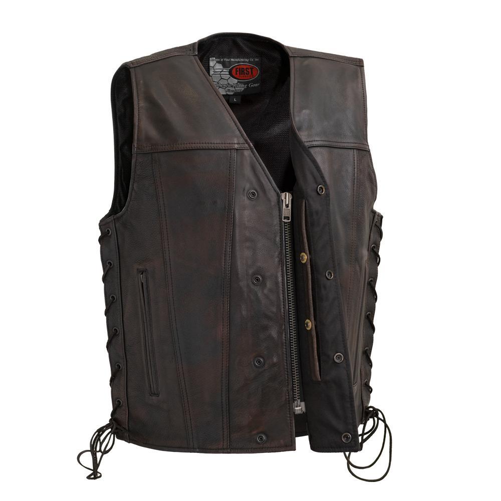 High Roller Men's Leather Motorcycle Vest featuring v-neck, zippered pockets, and concealed carry pockets.