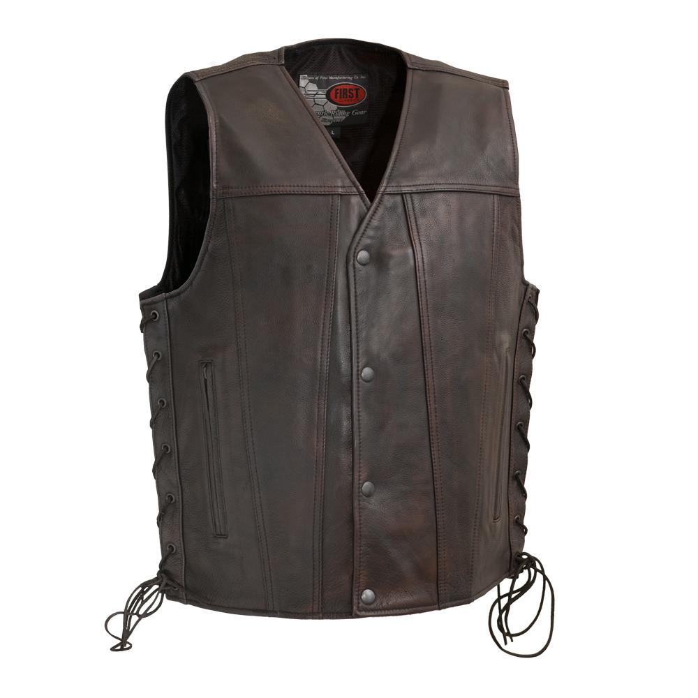 High Roller Men's Leather Motorcycle Vest featuring v-neck, zippered pockets, and concealed carry pockets.