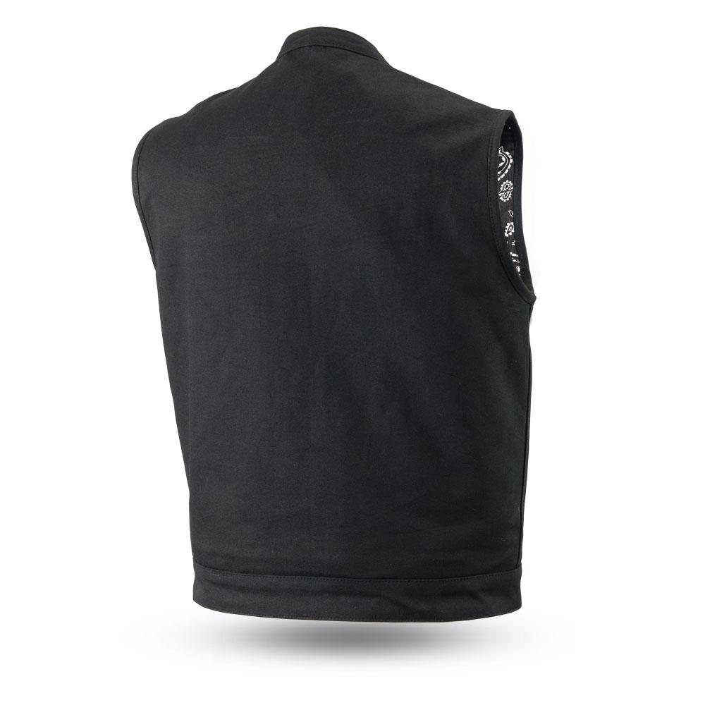 Highland V2 Men's Motorcycle Canvas Vest featuring a banded collar, multiple pockets, and a stylish black bandanna liner.