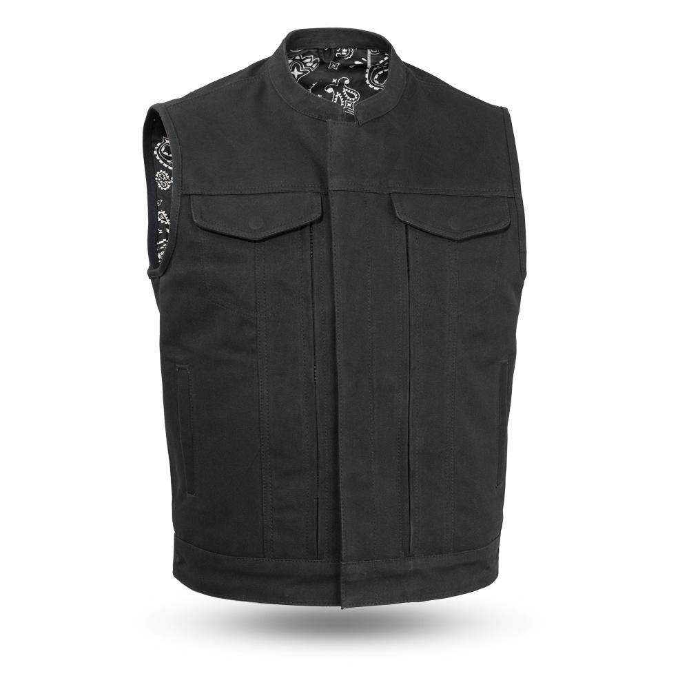 Highland V2 Men's Motorcycle Canvas Vest featuring a banded collar, multiple pockets, and a stylish black bandanna liner.