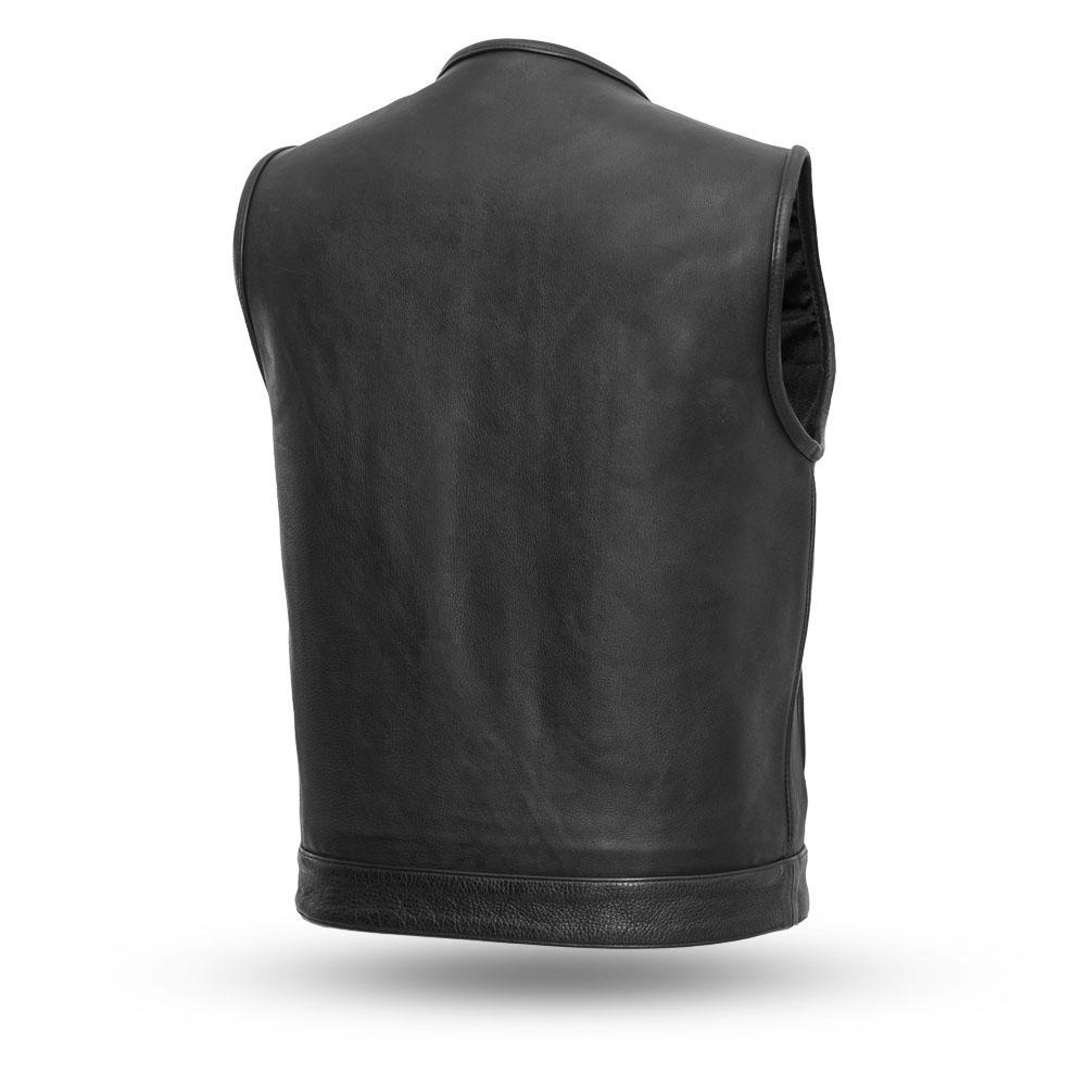 Highside Men's Motorcycle Leather Vest made from 1.3-1.4mm Platinum Cowhide, featuring covered snaps and multiple pockets.