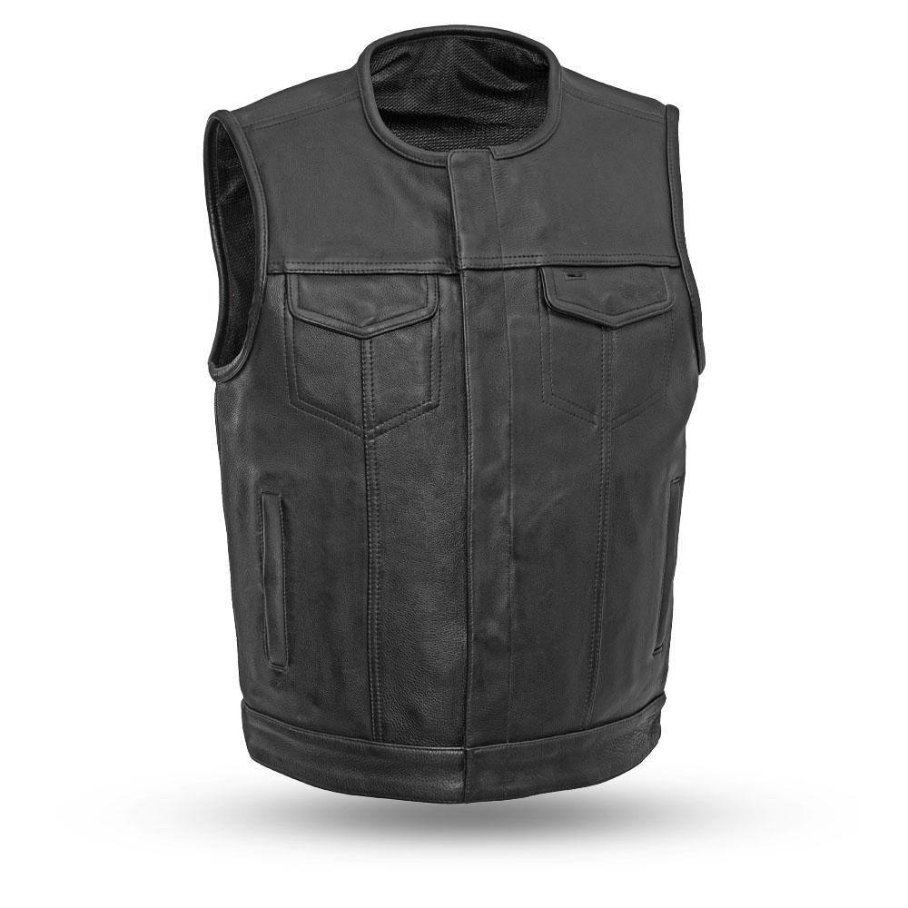 Highside Men's Motorcycle Leather Vest made from 1.3-1.4mm Platinum Cowhide, featuring concealed carry pockets and stylish design.