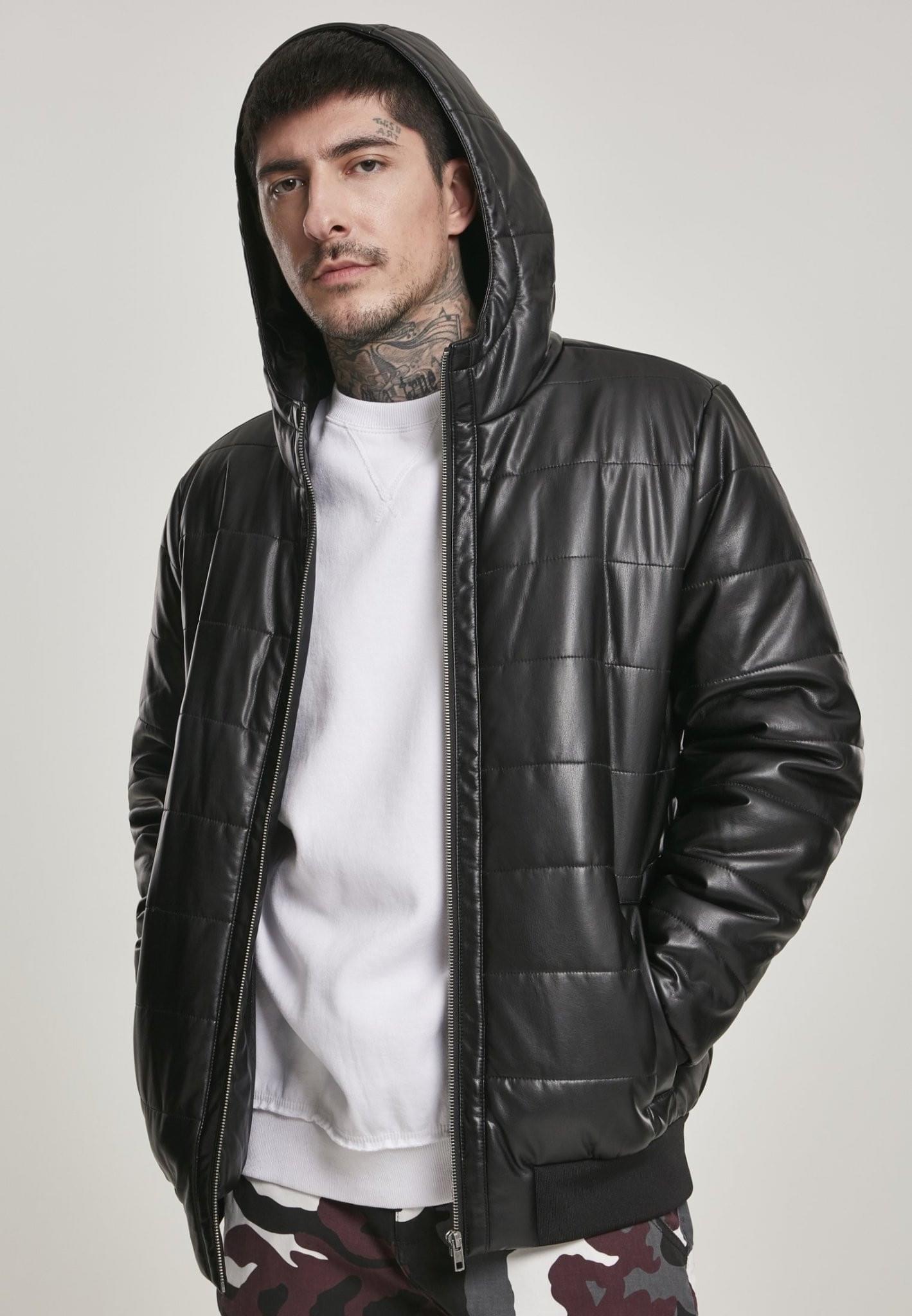 A stylish hooded faux leather bubble jacket featuring a quilted design, warm hood, and two side pockets, perfect for autumn and winter wear.