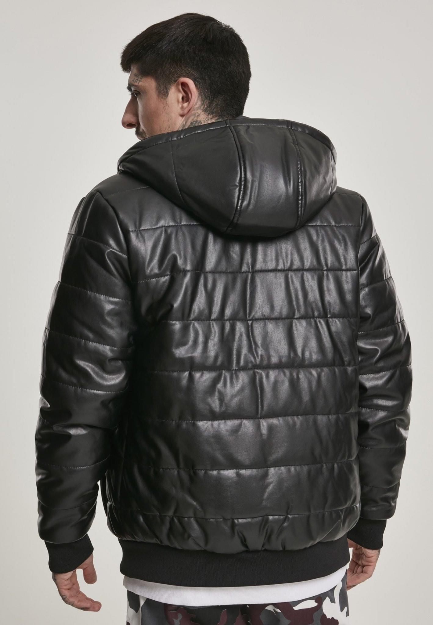 A stylish hooded faux leather bubble jacket featuring a quilted design, warm hood, and two side pockets, perfect for autumn and winter wear.