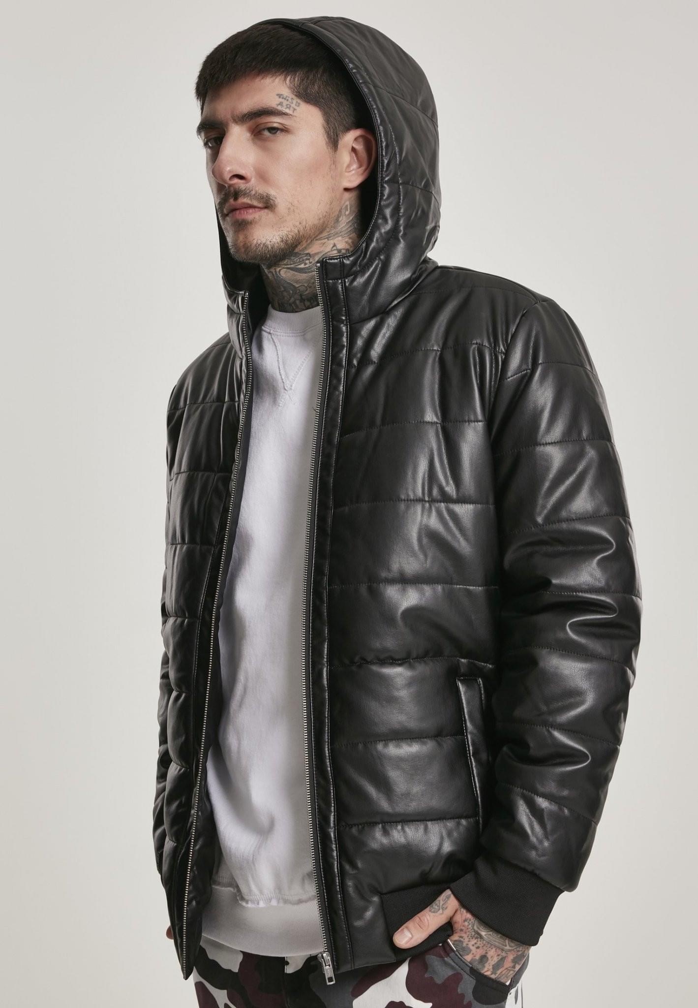 A stylish hooded faux leather bubble jacket featuring a quilted design, warm hood, and two side pockets, perfect for autumn and winter wear.