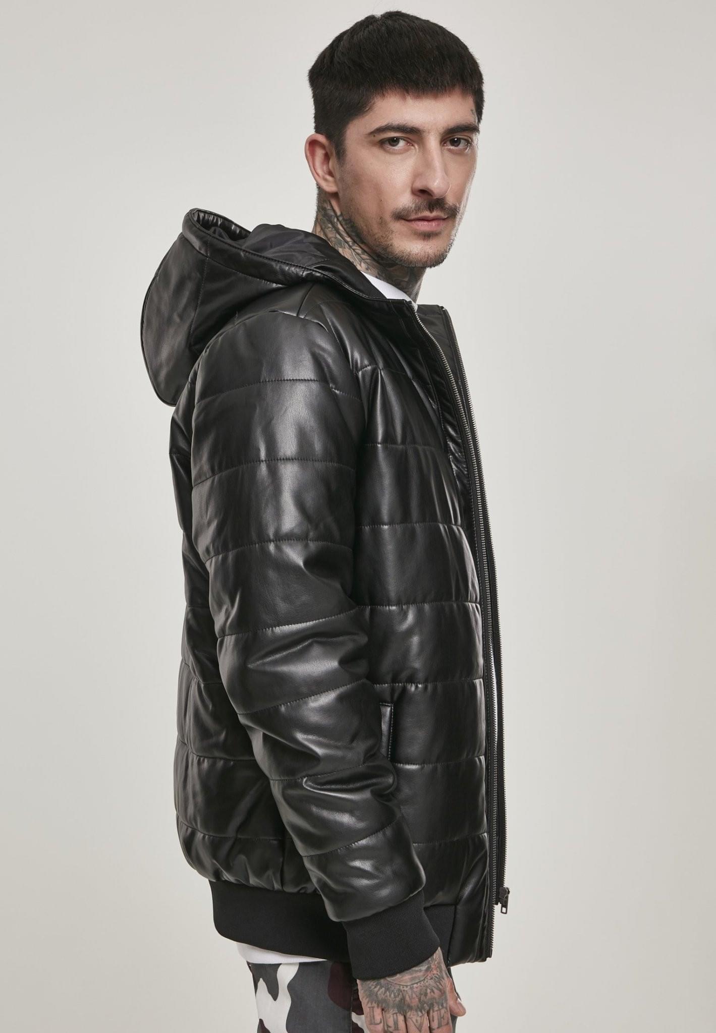 A stylish hooded faux leather bubble jacket featuring a quilted design, warm hood, and two side pockets, perfect for autumn and winter wear.