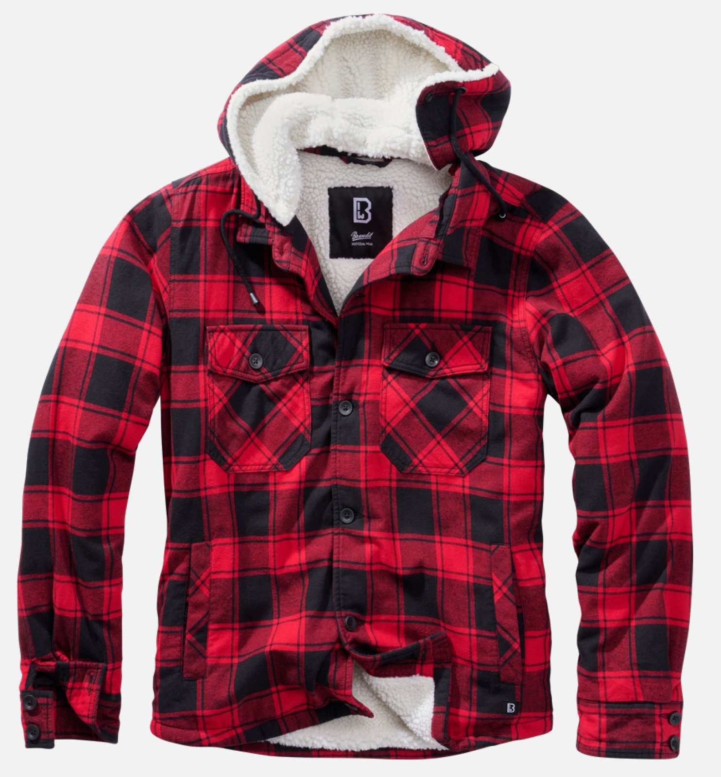 A stylish Hooded Lumber Jacket featuring padded flannel, teddy fur lining, detachable hood with drawstring, and multiple pockets for convenience.