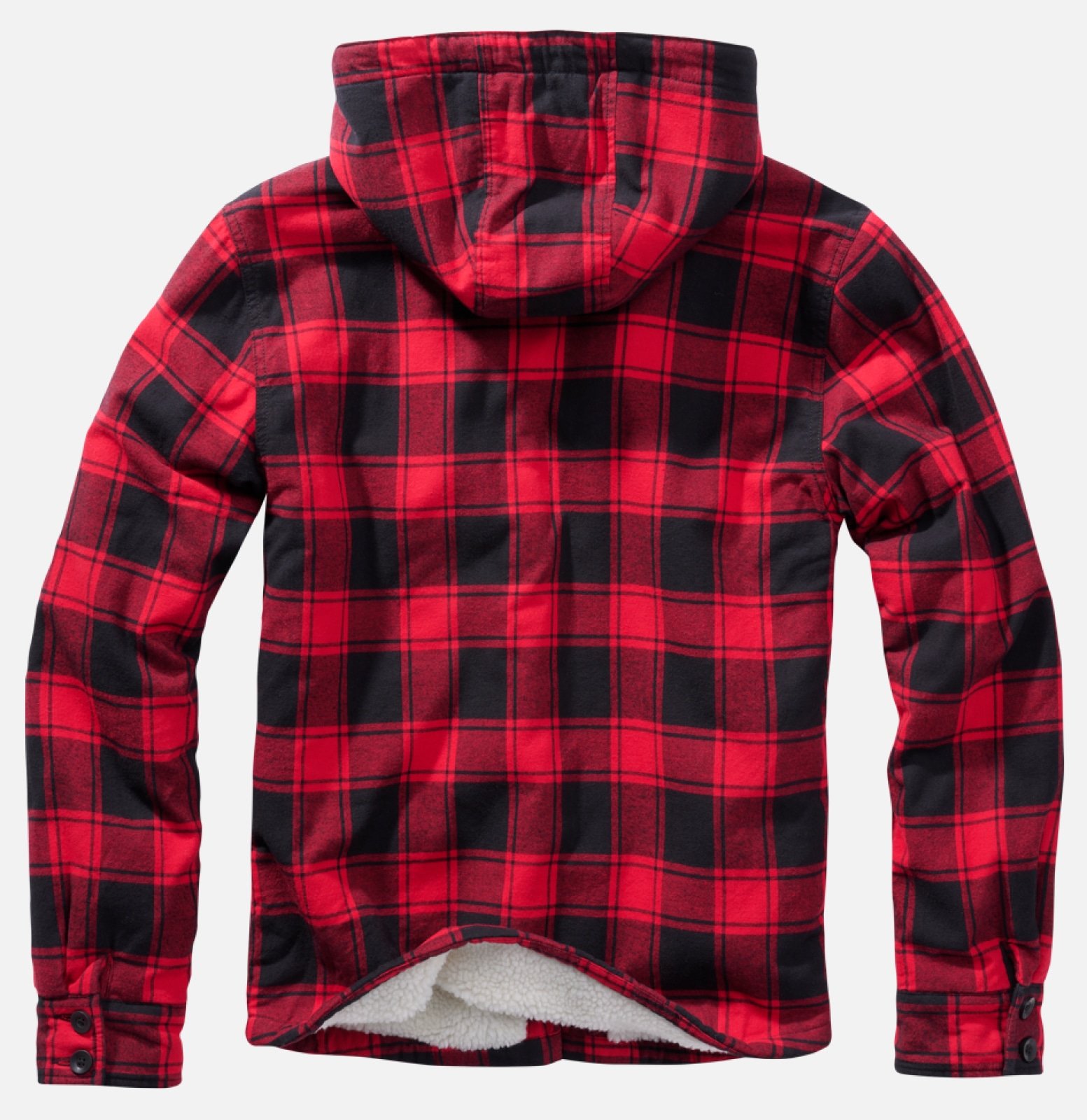 A stylish Hooded Lumber Jacket featuring padded flannel, teddy fur lining, detachable hood with drawstring, and multiple pockets for convenience.