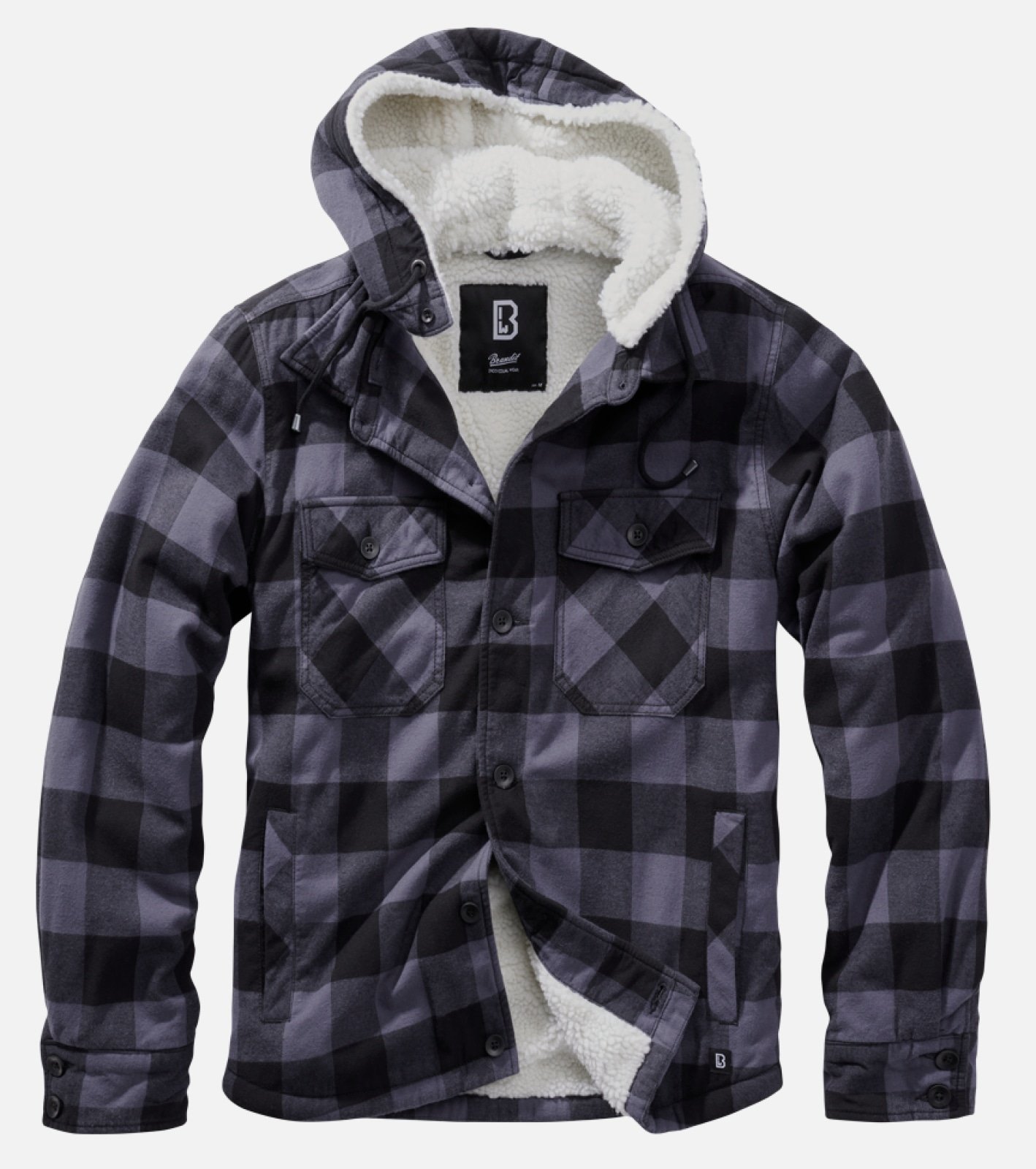 A stylish Hooded Lumber Jacket featuring padded flannel, teddy fur lining, detachable hood with drawstring, and multiple pockets for convenience.