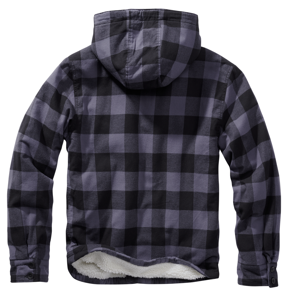 A stylish Hooded Lumber Jacket featuring padded flannel, teddy fur lining, detachable hood with drawstring, and multiple pockets for convenience.