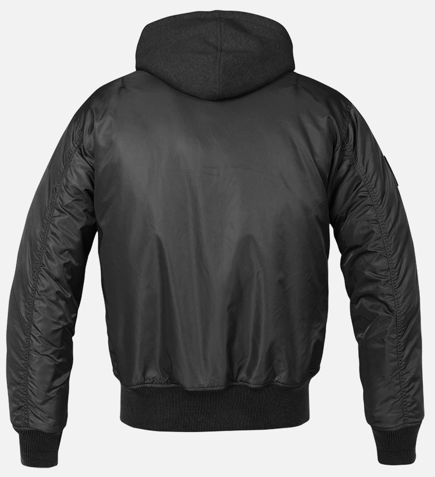 Hooded MA1 Bomber Jacket featuring a warm lining, adjustable drawstring hood, and multiple pockets, made from durable nylon material.