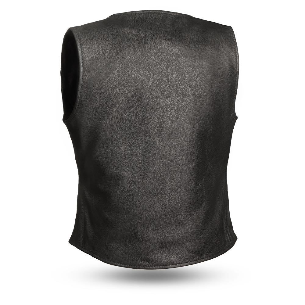 Honey Badger leather vest for women featuring five snap closure, two inner gun pockets, and stylish side lace detailing.