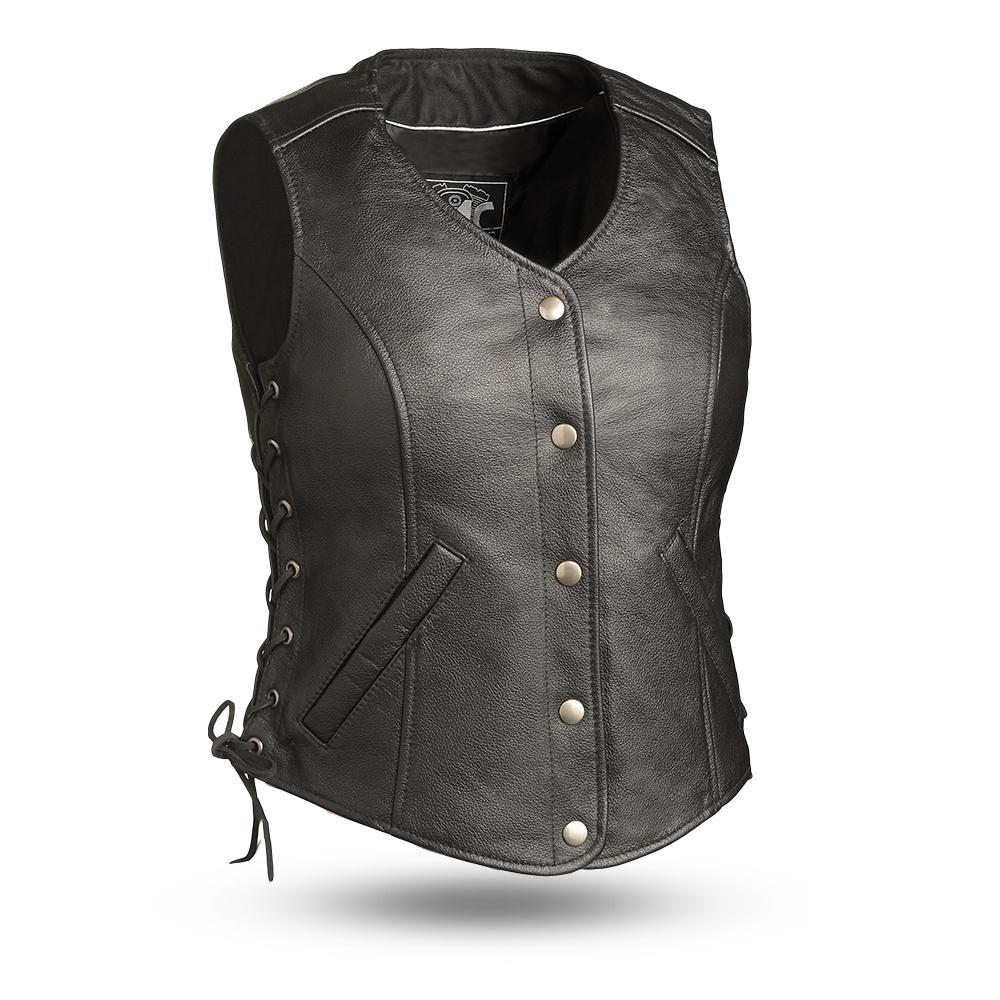 Honey Badger leather vest for women featuring five snap closure, two inner gun pockets, and stylish side lace detailing.