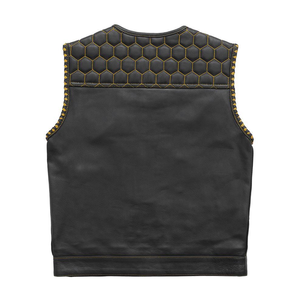 Hornet Men's Club Style Leather Vest featuring a roll-up collar, gold stitching, and multiple pockets.