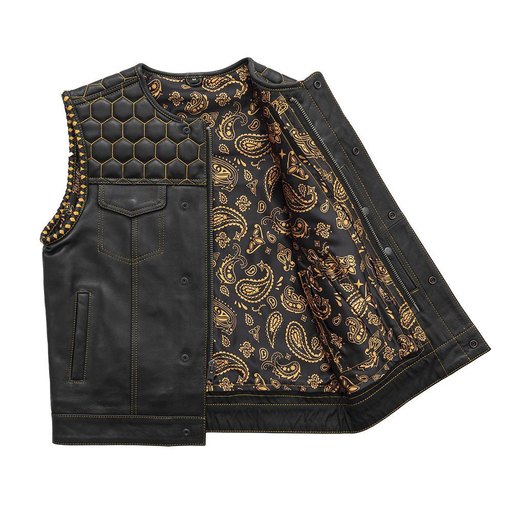 Hornet Men's Club Style Leather Vest featuring a roll-up collar, gold stitching, and multiple pockets.