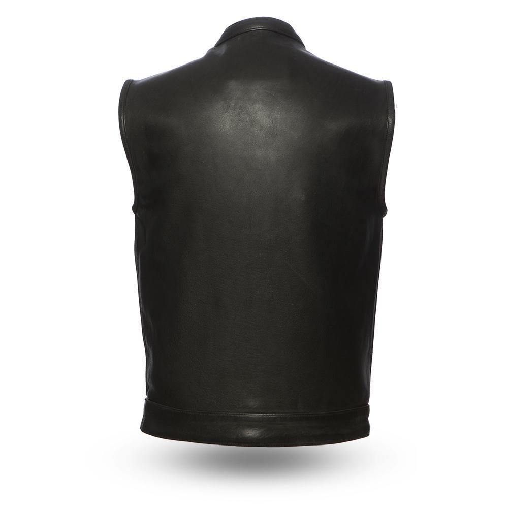 Hotshot Men's Motorcycle Leather Vest made from premium cowhide leather, featuring a banded collar and multiple pockets for storage.