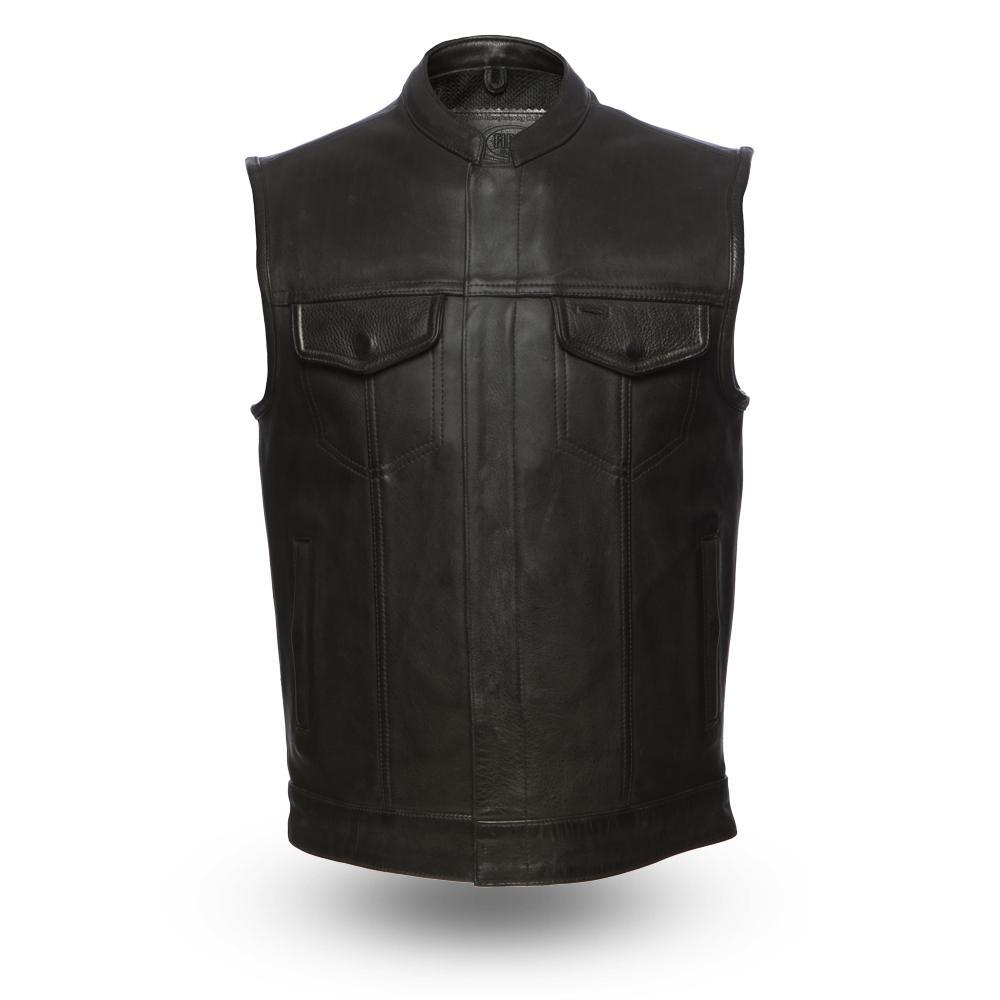 Hotshot Men's Motorcycle Leather Vest made from premium cowhide leather, featuring a banded collar and multiple pockets for storage.