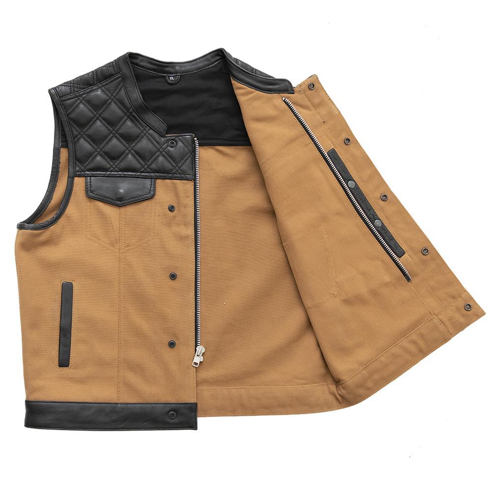 Hunt Club Black Stitch men's leather and canvas vest featuring a stylish design with concealed carry pockets.