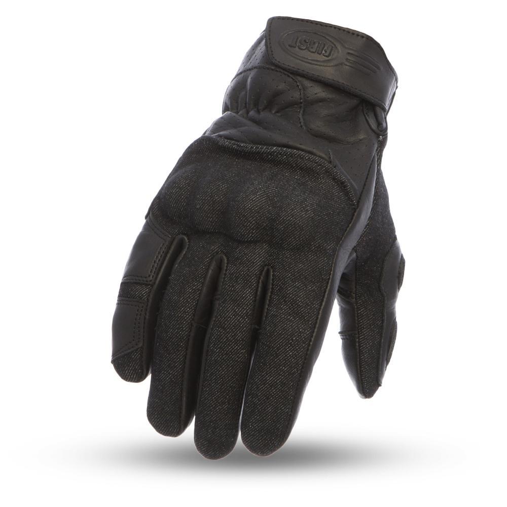 Hutch Men's Motorcycle Leather Gloves featuring rubber knuckles and Velcro wrist closure in a stylish two-toned design.