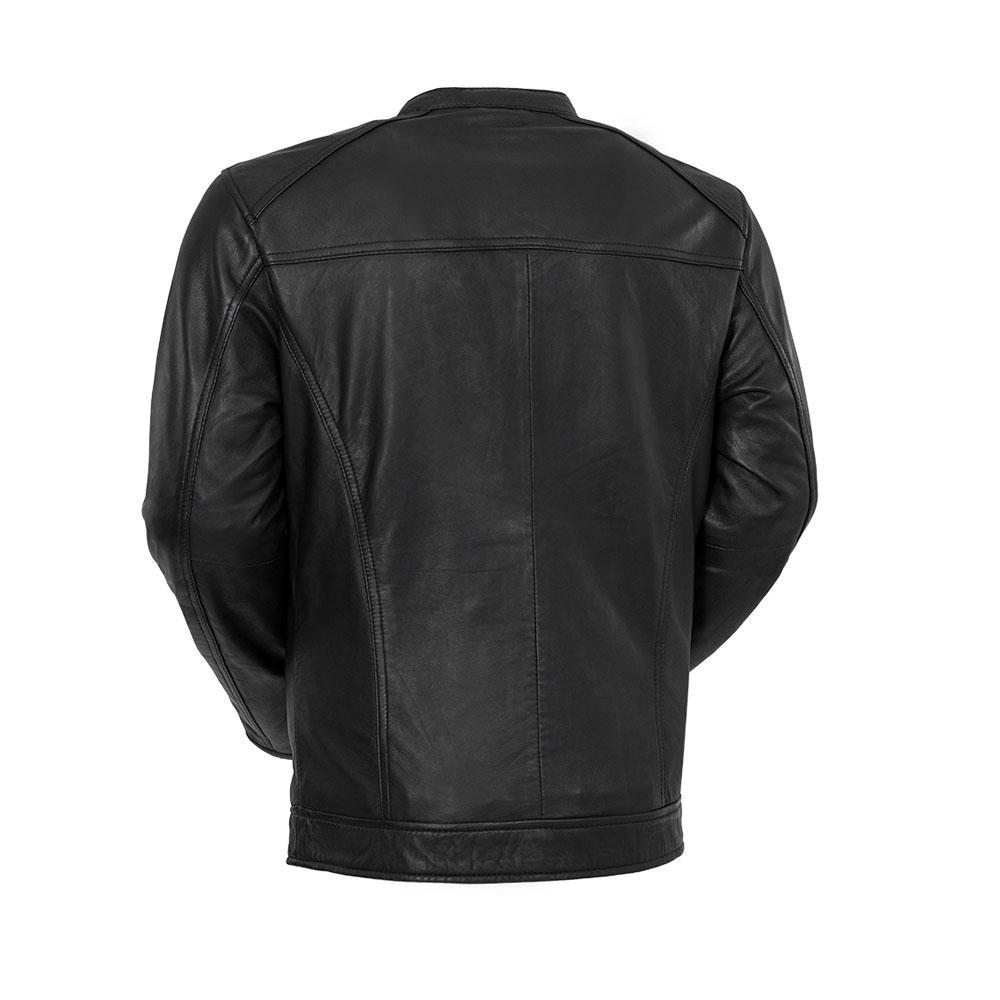 Iconoclast Men's Leather Jacket made from genuine sheepskin leather, featuring a classic fit, front snap collar, and multiple pockets.