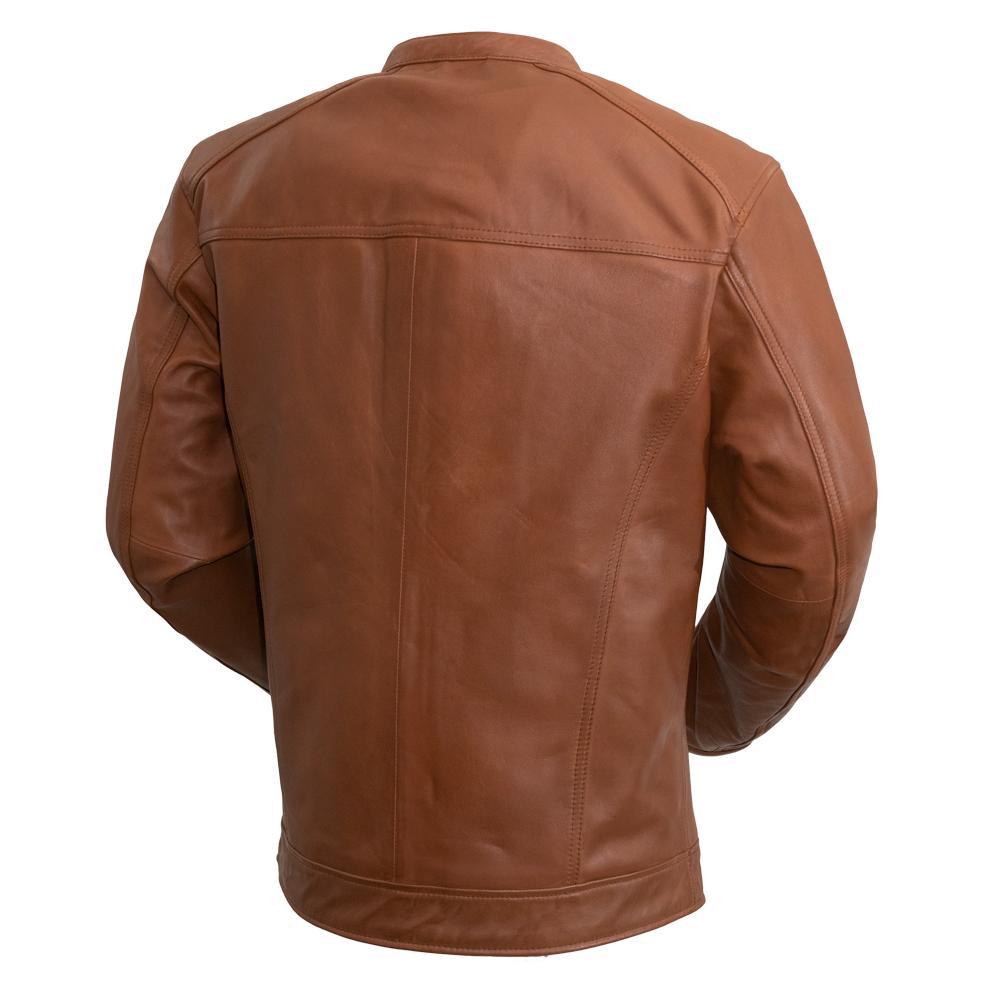 Iconoclast Men's Leather Jacket made from genuine sheepskin leather, featuring a classic fit, front snap collar, and multiple pockets.