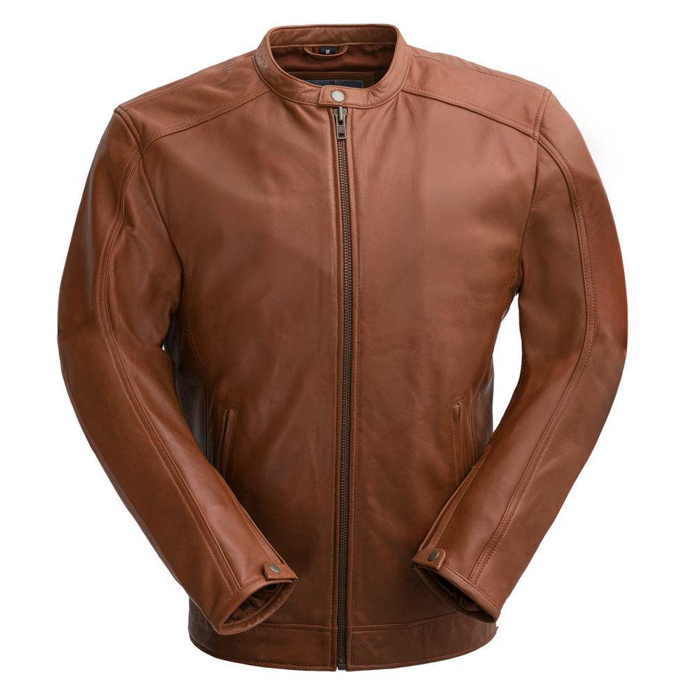 Iconoclast Men's Leather Jacket made from genuine sheepskin leather, featuring a classic fit, front snap collar, and multiple pockets.