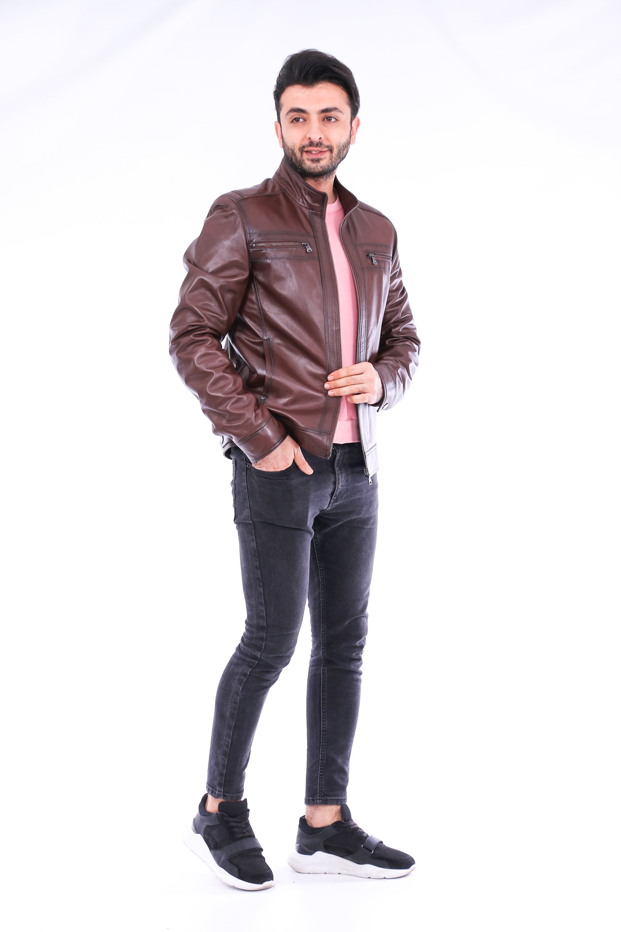 Imperia Biker Jacket made of premium brown leather with adjustable cuffs and satin lining, featuring a classic biker design.