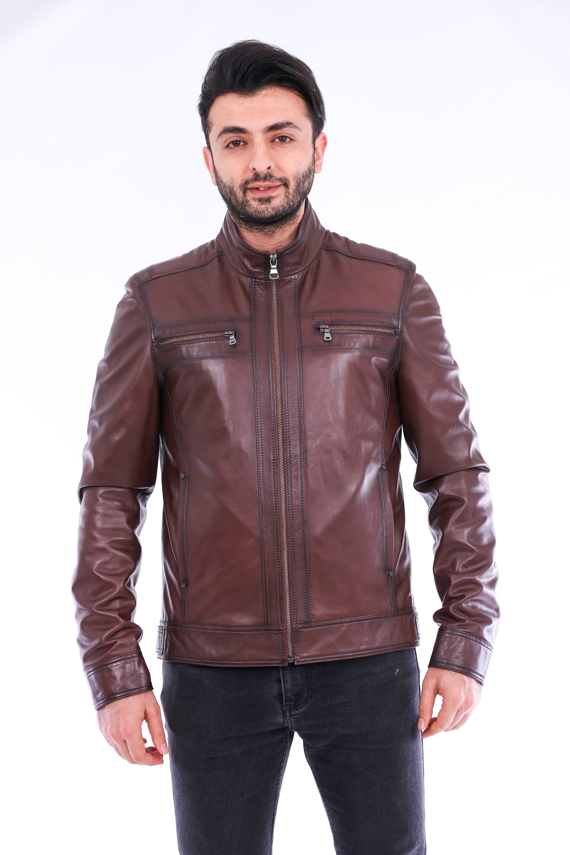 Imperia Biker Jacket made of premium brown leather with adjustable cuffs and satin lining, featuring a classic biker design.