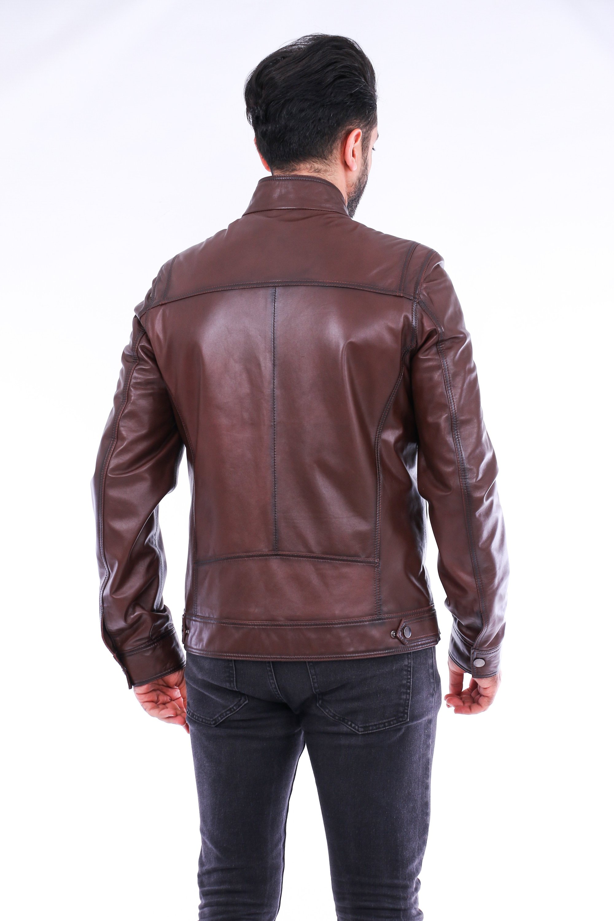 Imperia Biker Jacket made of premium brown leather with adjustable cuffs and satin lining, featuring a classic biker design.