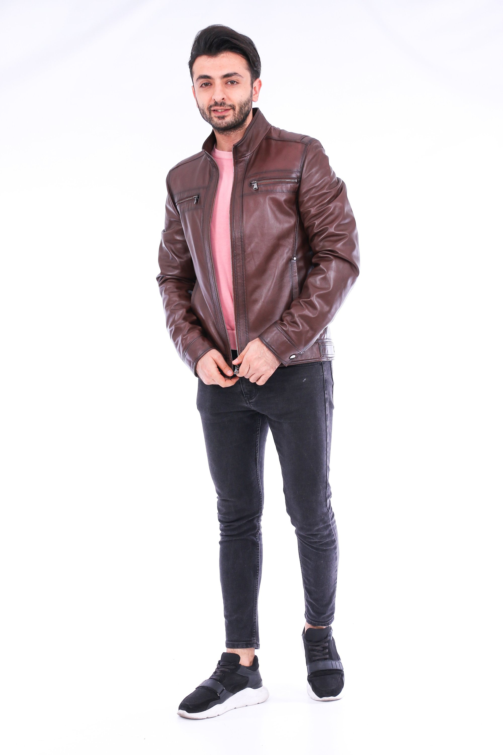 Imperia Biker Jacket made of premium brown leather with adjustable cuffs and satin lining, featuring a classic biker design.