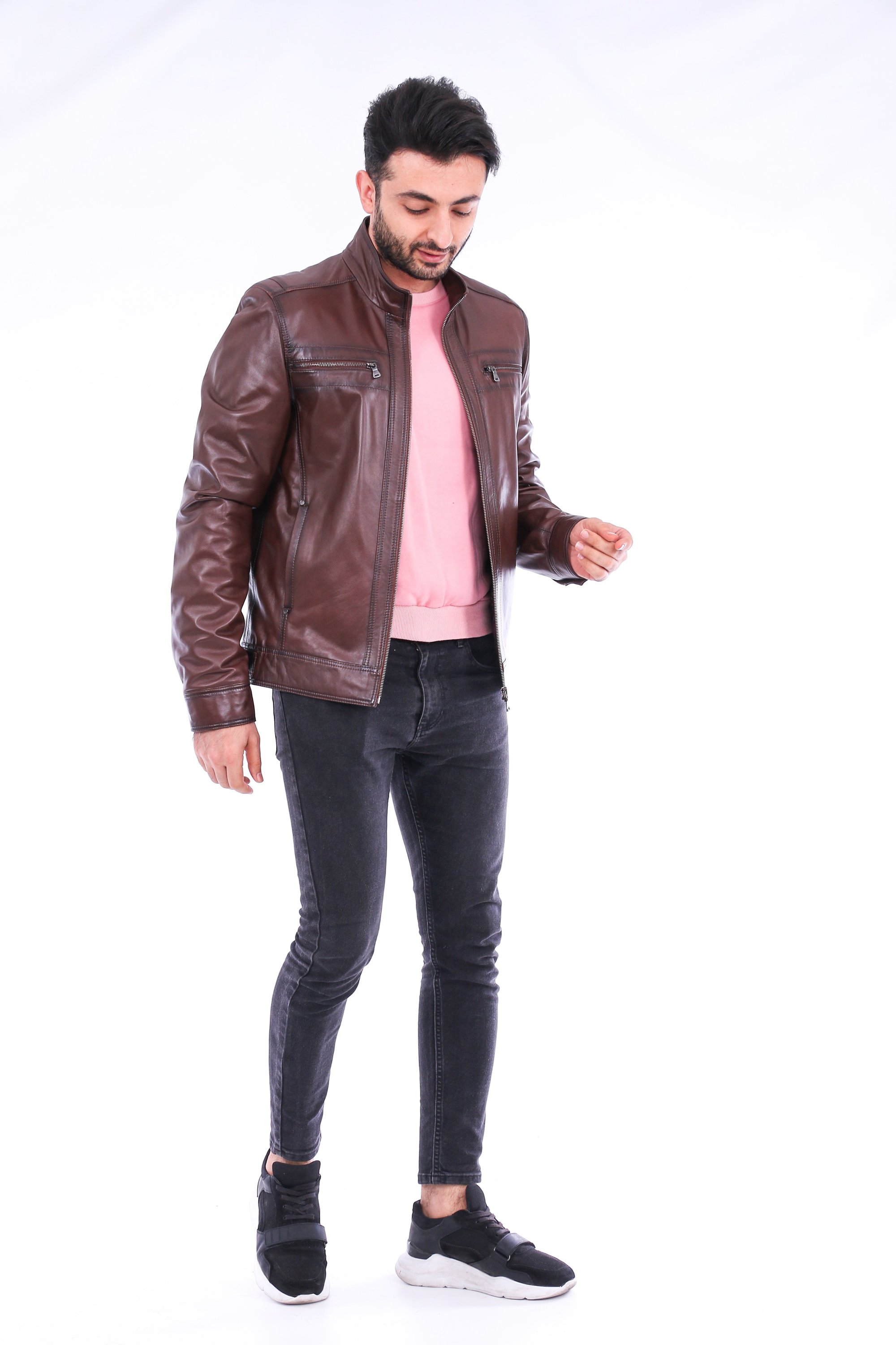 Imperia Biker Jacket made of premium brown leather with adjustable cuffs and satin lining, featuring a classic biker design.