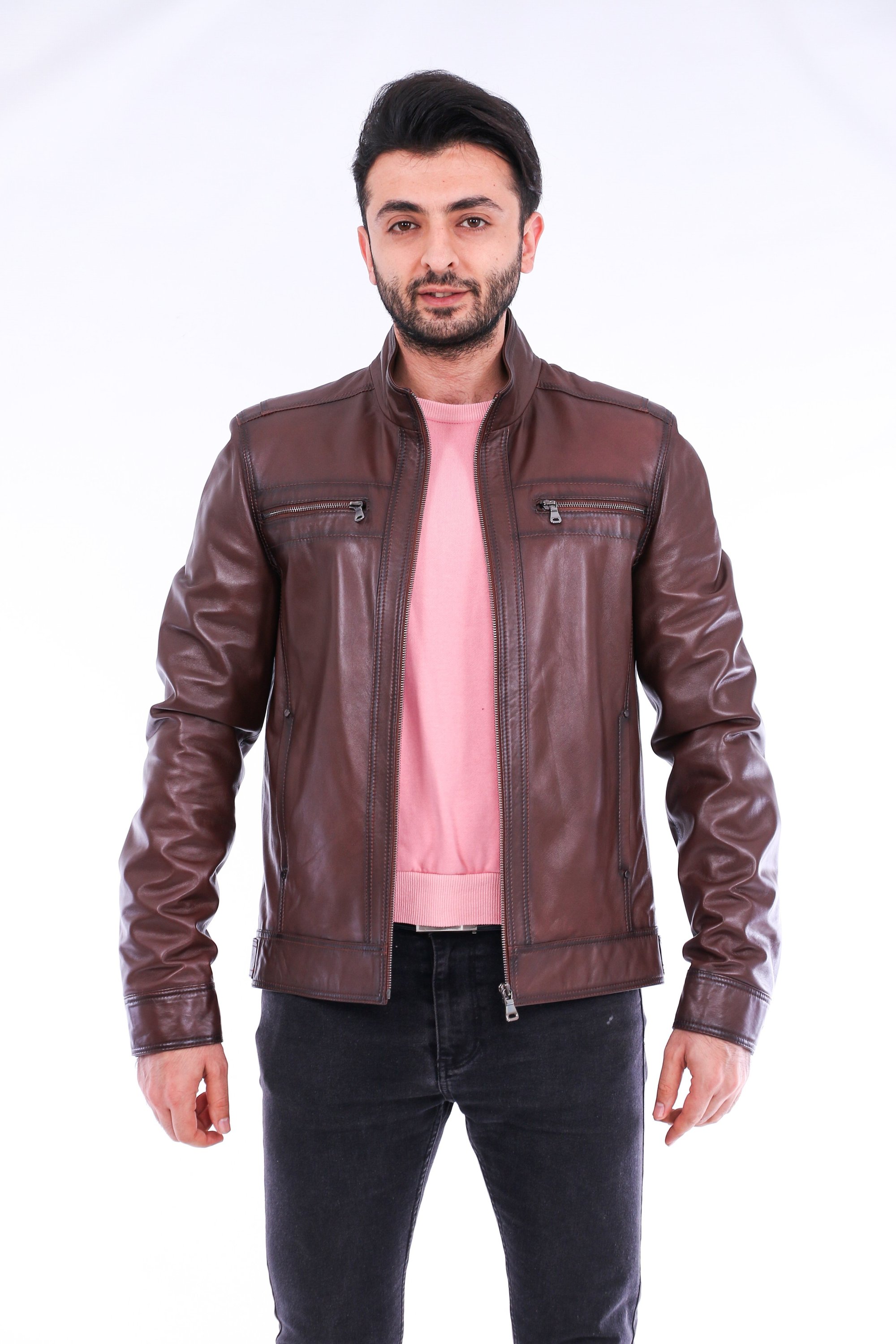 Imperia Biker Jacket made of premium brown leather with adjustable cuffs and satin lining, featuring a classic biker design.