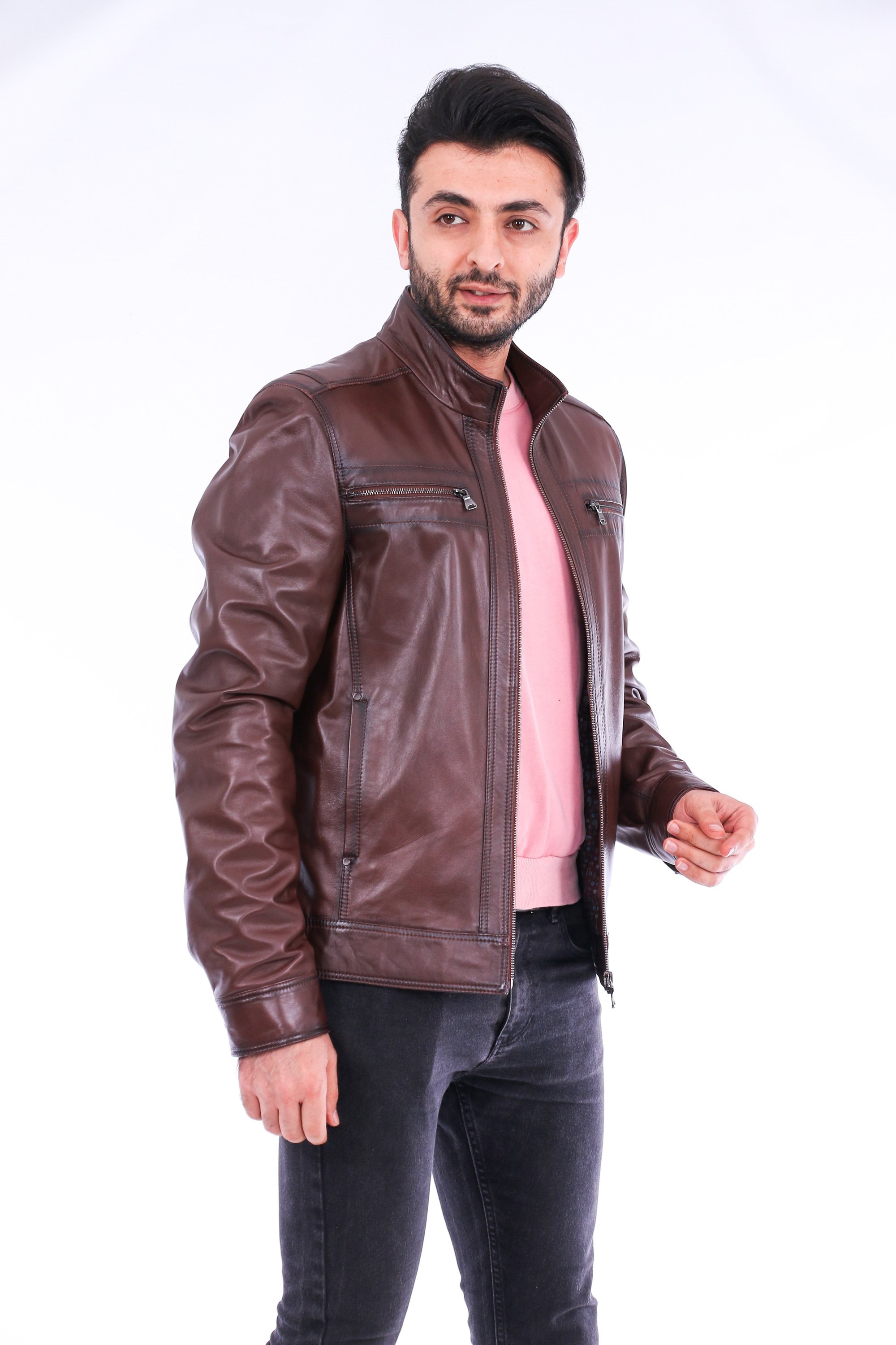 Imperia Biker Jacket made of premium brown leather with adjustable cuffs and satin lining, featuring a classic biker design.