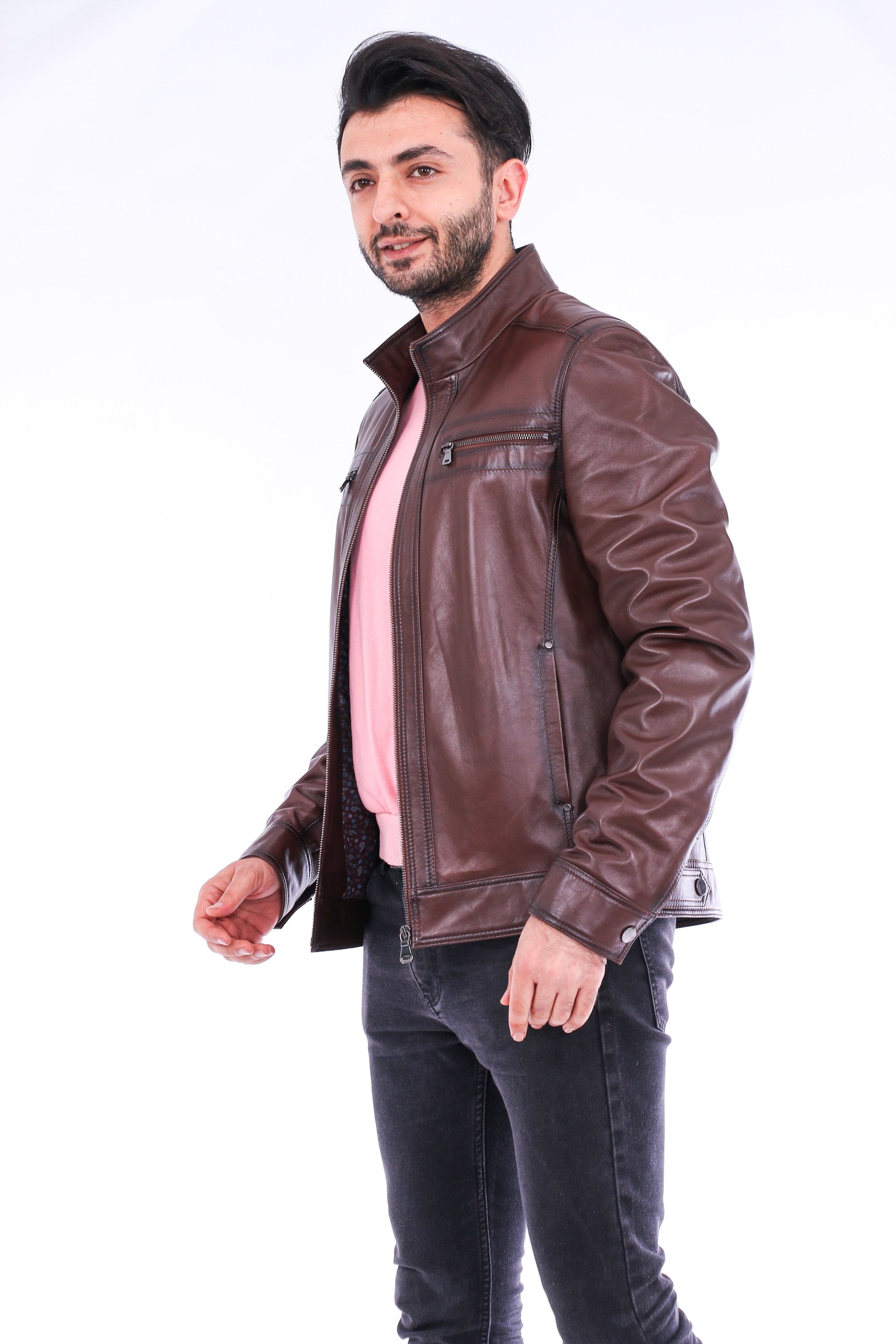 Imperia Biker Jacket made of premium brown leather with adjustable cuffs and satin lining, featuring a classic biker design.