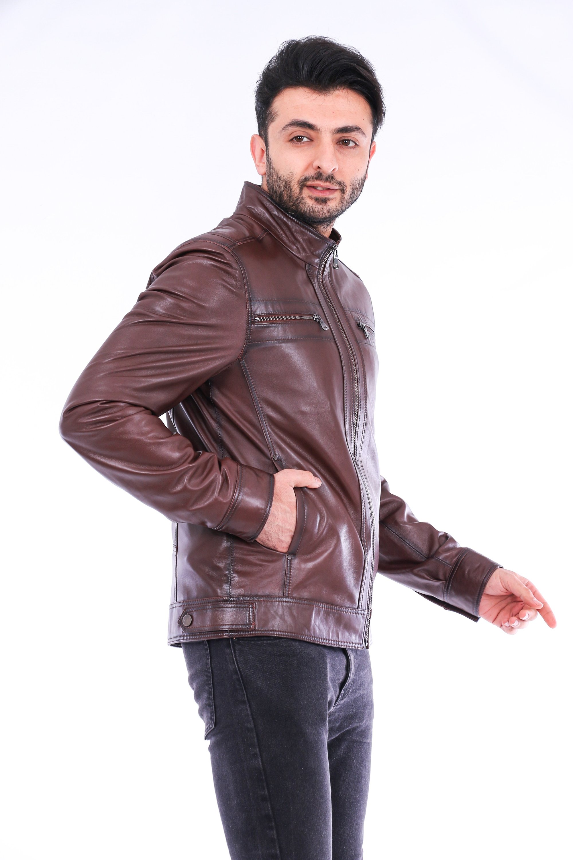 Imperia Biker Jacket made of premium brown leather with adjustable cuffs and satin lining, featuring a classic biker design.