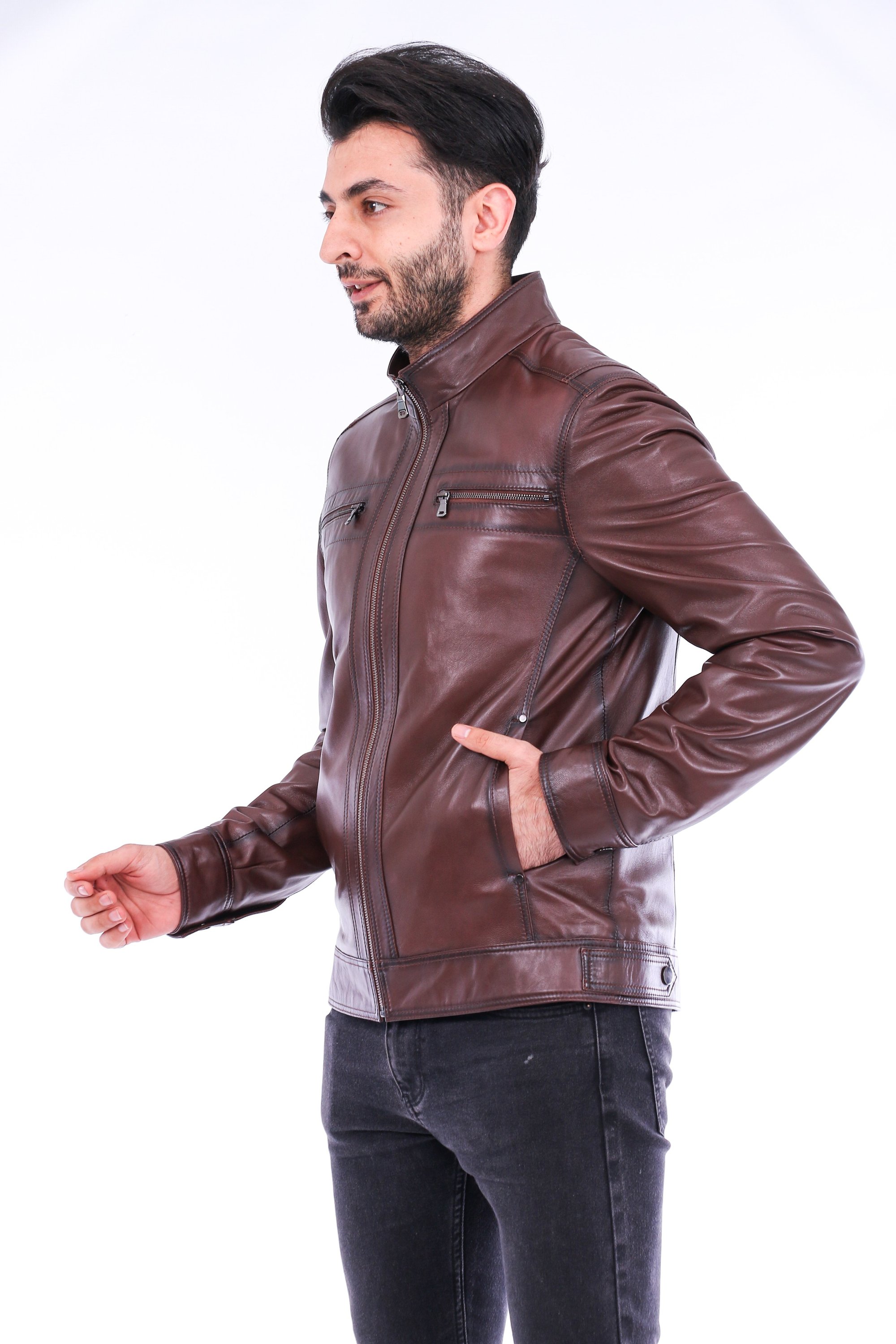 Imperia Biker Jacket made of premium brown leather with adjustable cuffs and satin lining, featuring a classic biker design.