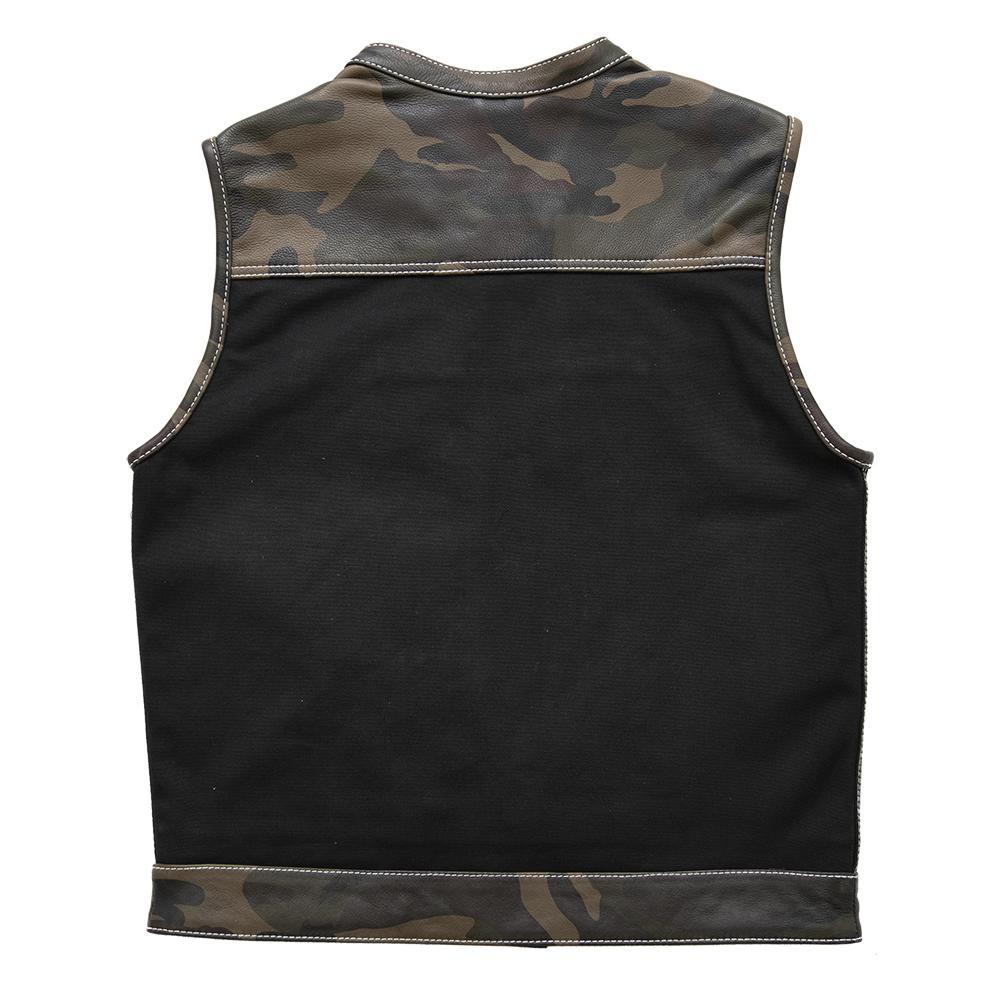 Infantry Men's Motorcycle Leather/Canvas Vest featuring Woodland Camo leather accents and a stylish club design.