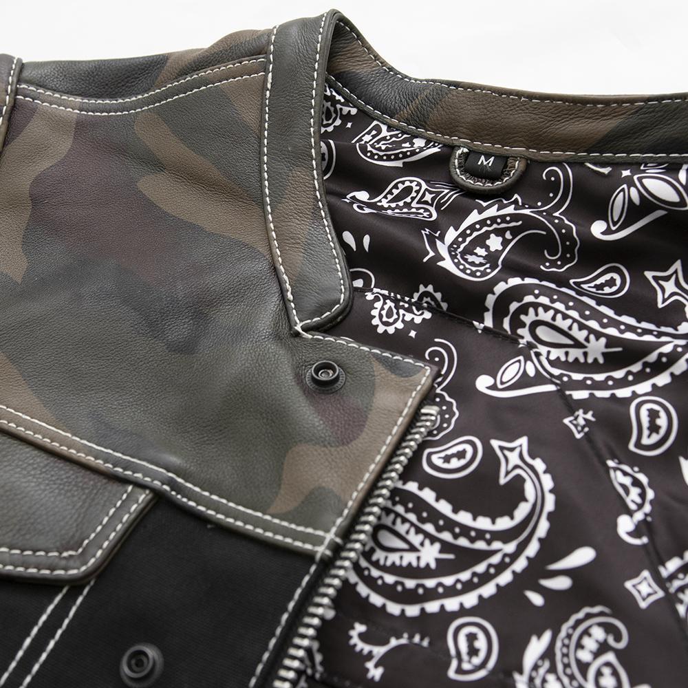 Infantry Men's Motorcycle Leather/Canvas Vest featuring Woodland Camo leather accents and a stylish club design.