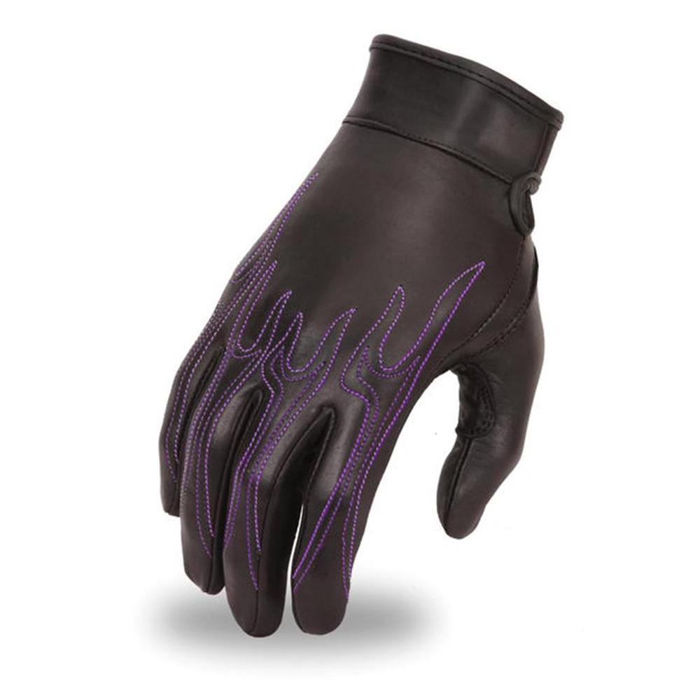 Inferno Women's Motorcycle Leather Gloves featuring a flame design and Velcro strap.