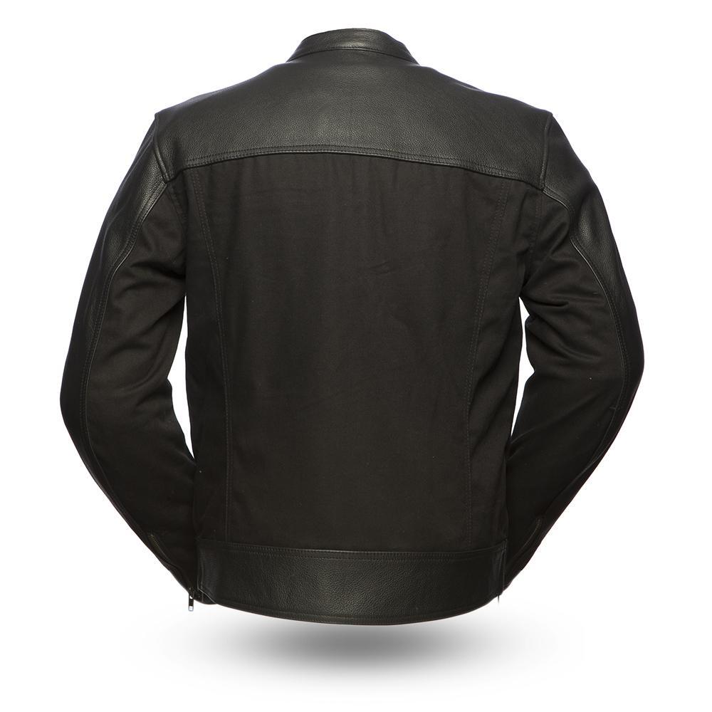 Invader Motorcycle Leather Jacket featuring premium cowhide and textile body, banded collar, and zippered pockets.