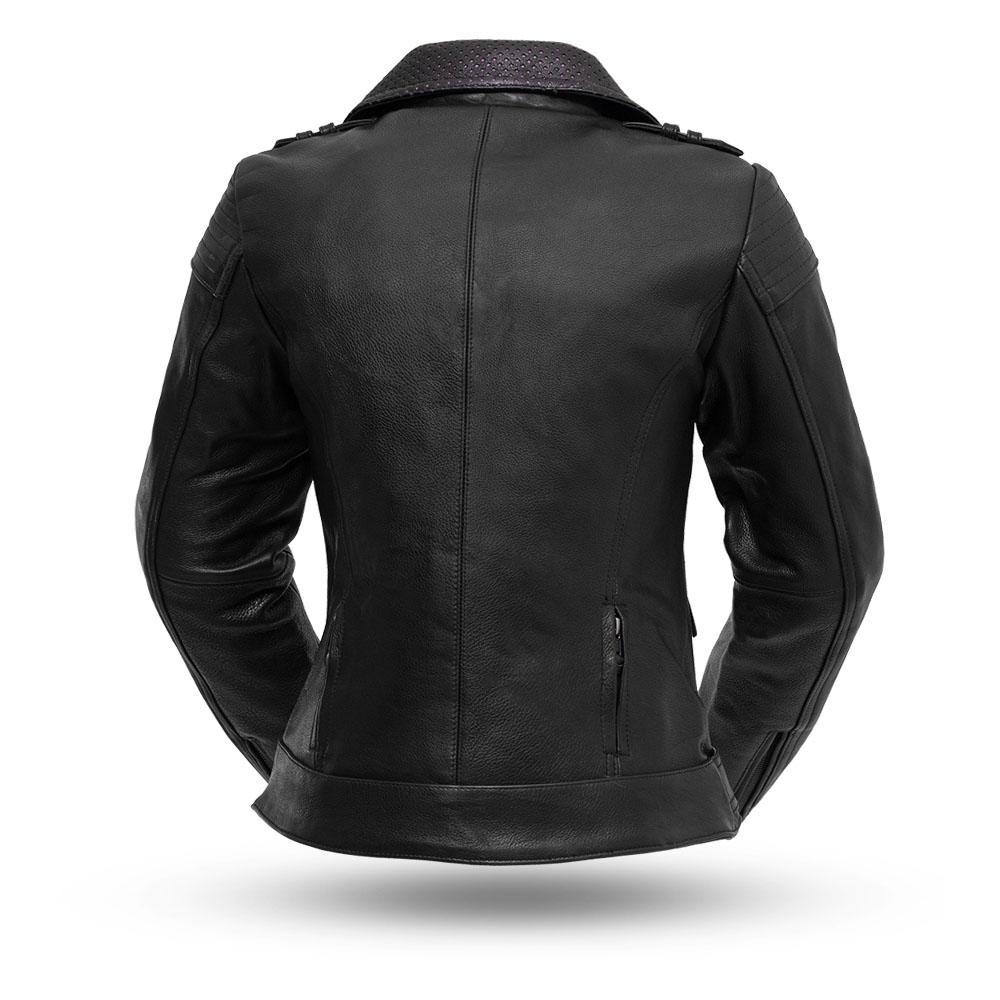 Iris Women's Leather Motorcycle Jacket featuring asymmetrical zipper and purple perforated collar.