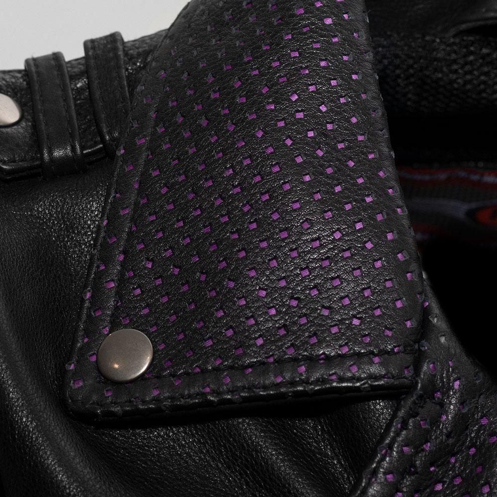 Iris Women's Leather Motorcycle Jacket featuring asymmetrical zipper and purple perforated collar.