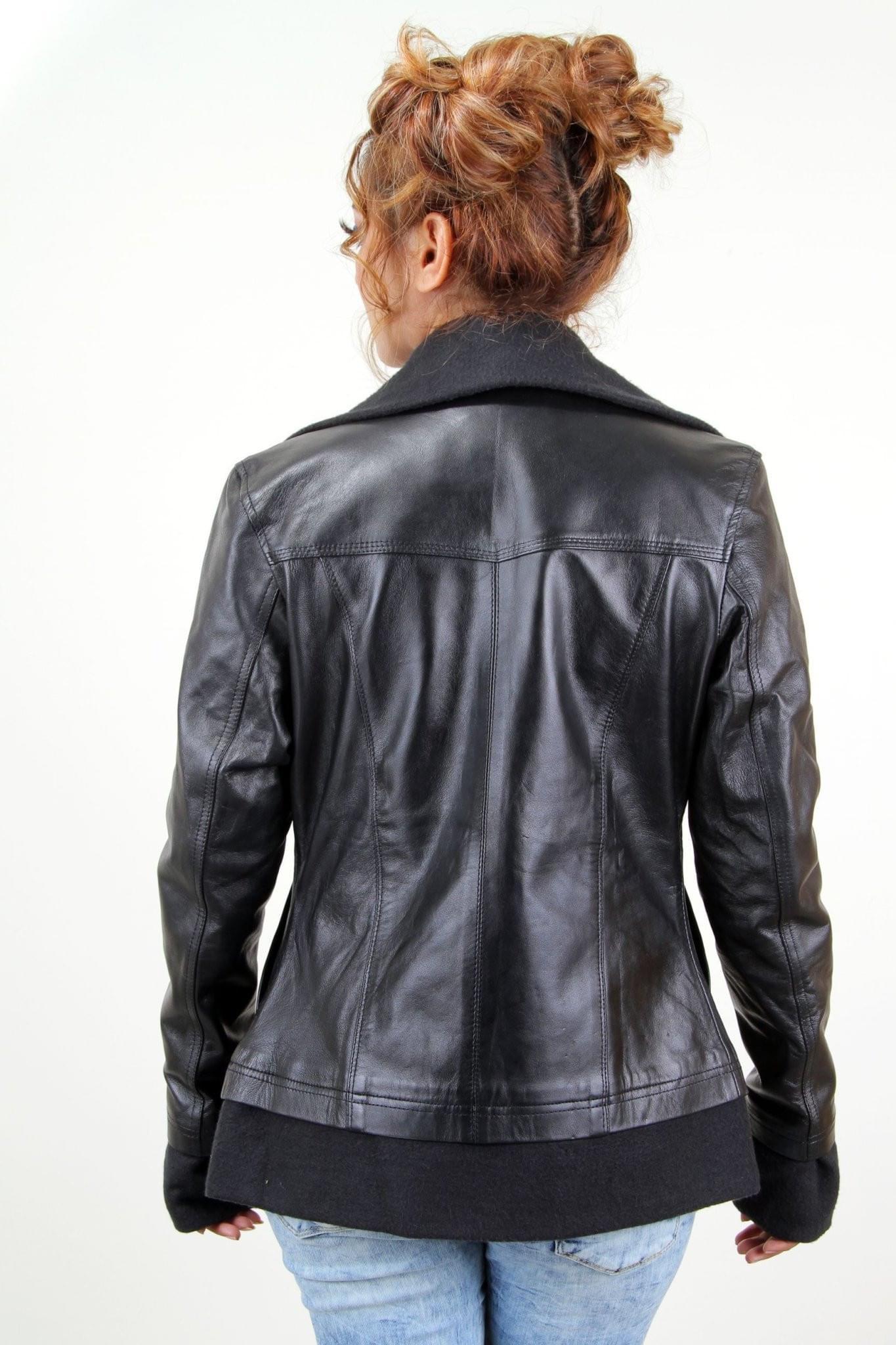 Jackherald women's black apple premium leather jacket showcasing genuine sheep leather, multiple pockets, and YKK zipper.