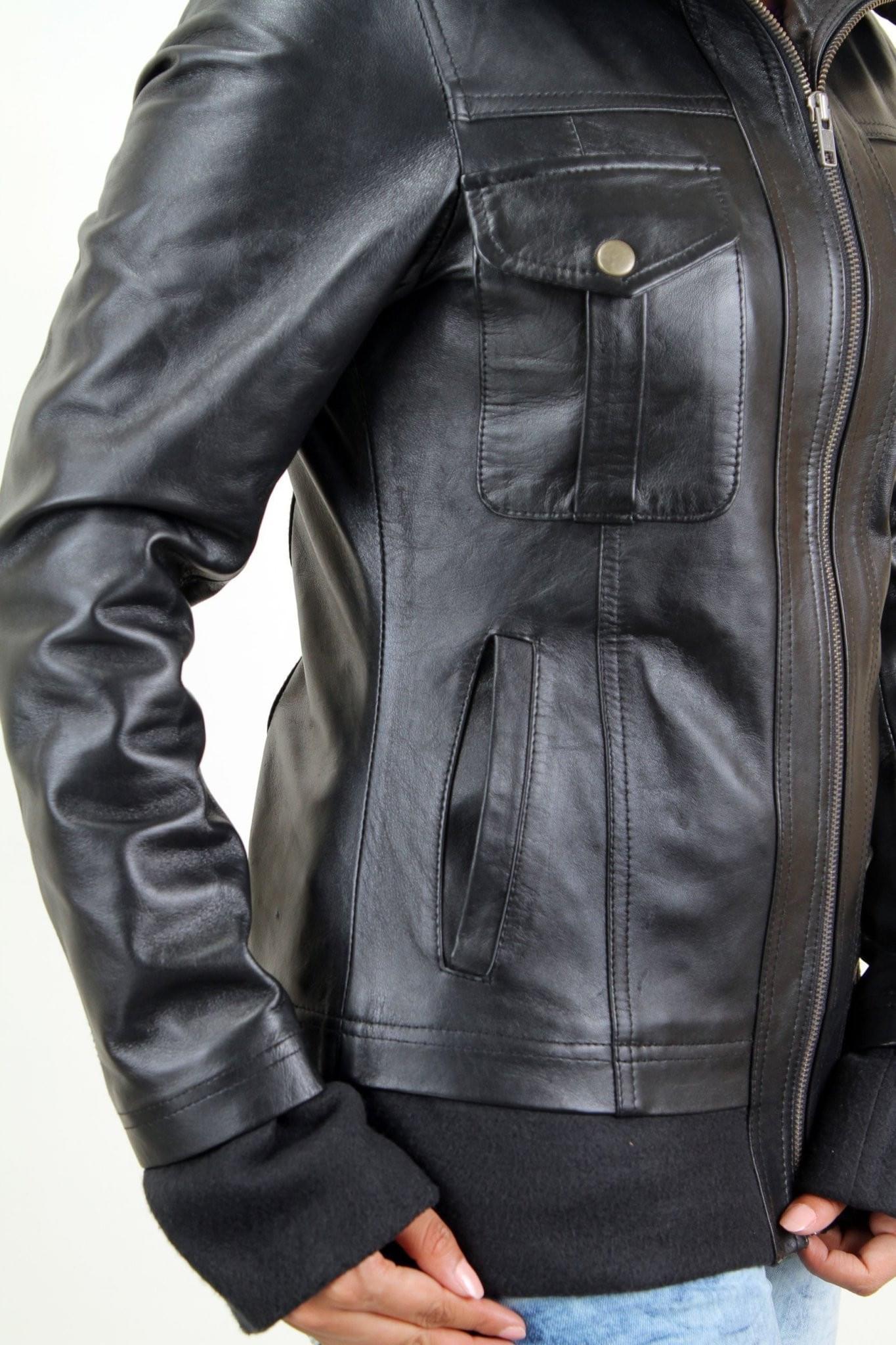 Jackherald women's black apple premium leather jacket showcasing genuine sheep leather, multiple pockets, and YKK zipper.