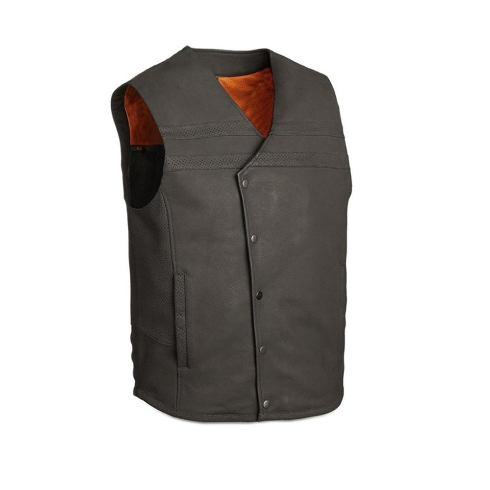 Jaguar Men's Motorcycle Leather Vest in matte cowhide with asymmetrical pockets and padded kidney belt.