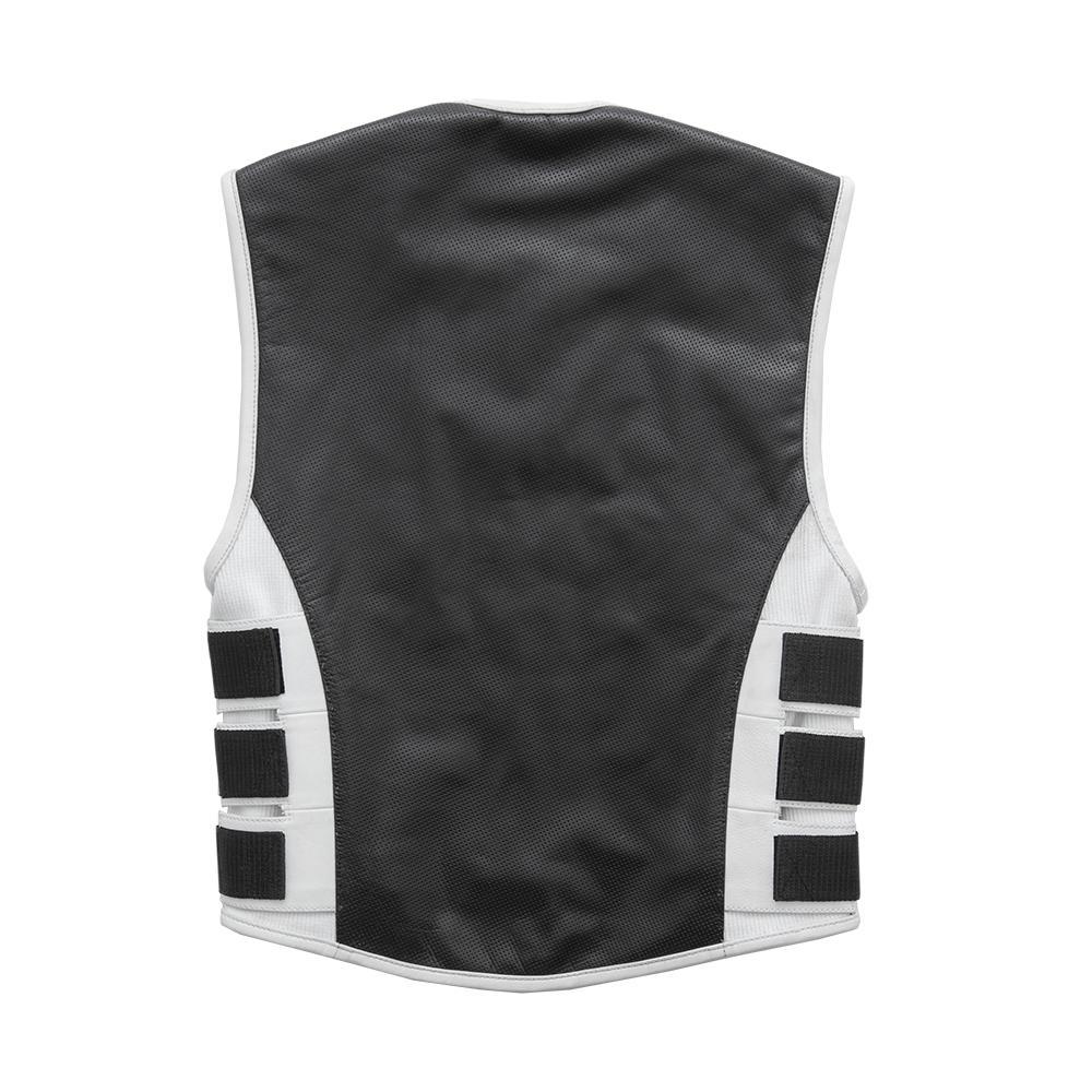 Men's Jailbreak SWAT Style Motorcycle Leather Vest featuring white leather chest panel and black perforated leather back.