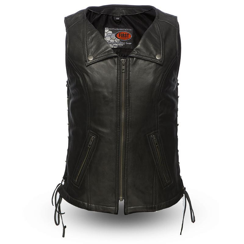 Jenni Women's Motorcycle Leather Vest made from extra soft lambskin with a snap down collar and zip pockets.