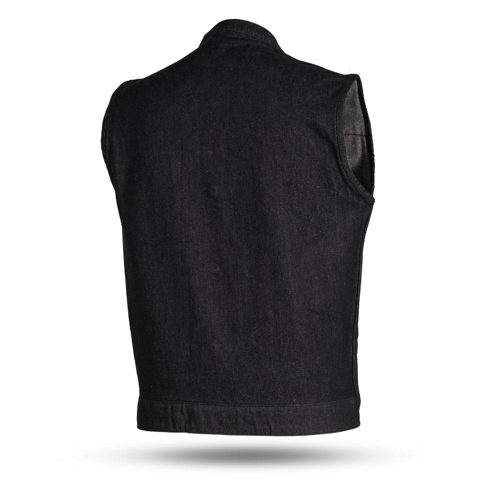 Kershaw Men's Motorcycle Denim Vest in Black featuring a mandarin collar and multiple pockets for storage.