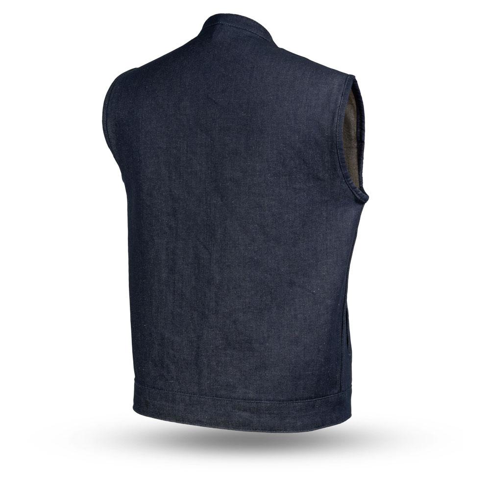 Kershaw Men's Motorcycle Denim Vest in blue, featuring a mandarin collar, cropped zipper, and multiple pockets for functionality.