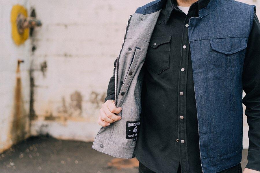 Kershaw Denim Motorcycle Vest in Blue, featuring a mandarin collar and multiple pockets for storage.